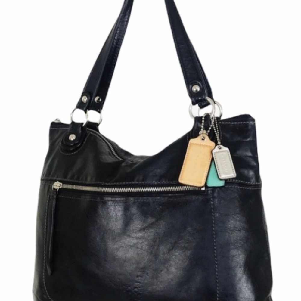 COACH 19002 Poppy Glam Glazed Distressed Blk Leather Large Shoulder Bag